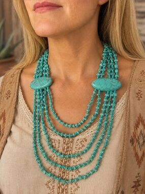 Southwestern Faux Turquoise Multi Strand Square and Seed Beads Oval Howlite